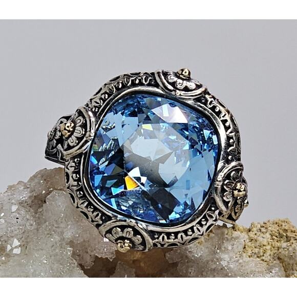 Unbranded Jewelry - 925 Sterling Silver & 14K Yellow Gold Accents - Light Blue Stone Ring SZ 7.25